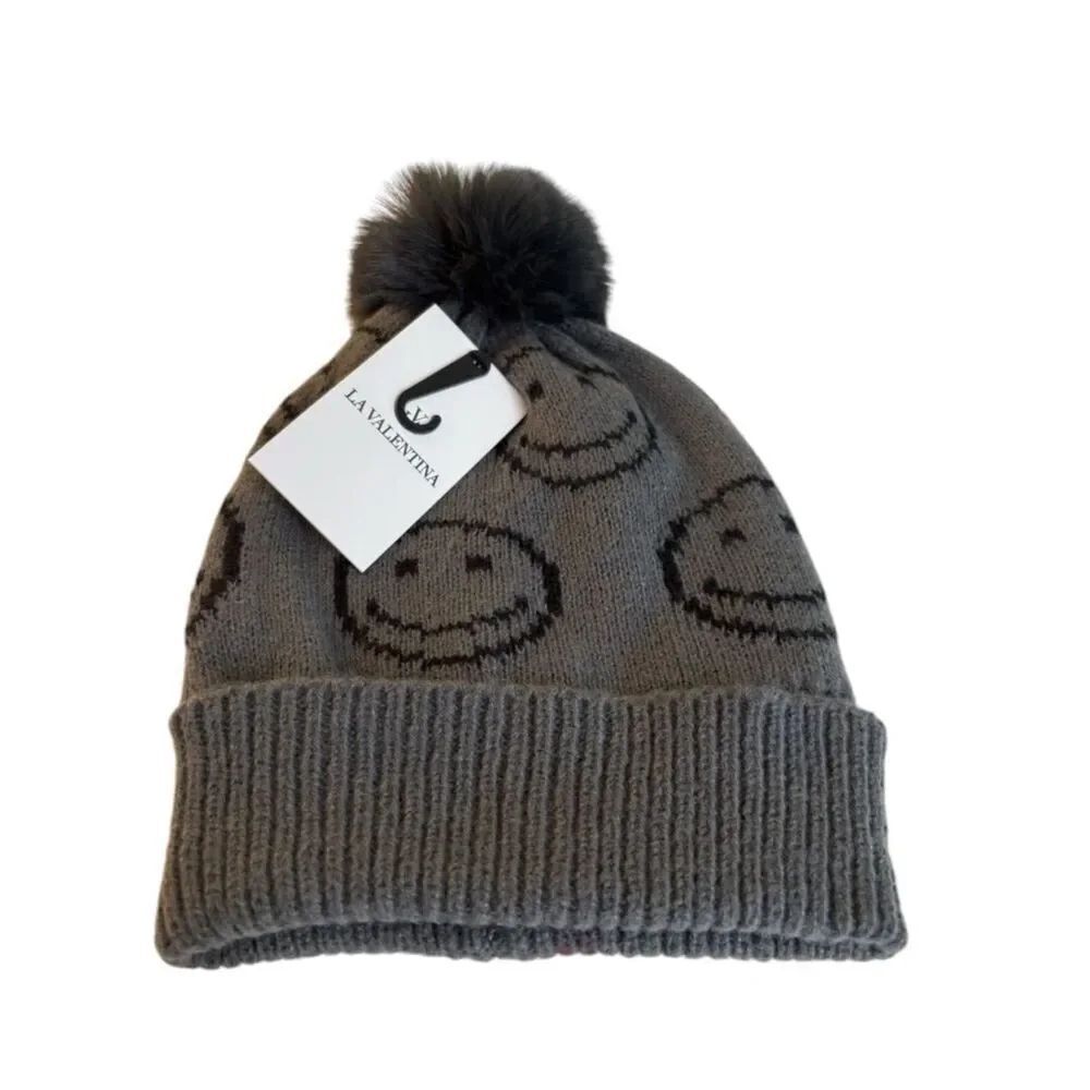 LA Valentina Gray Smiley Pom Beanie. Faux Fur Lined.